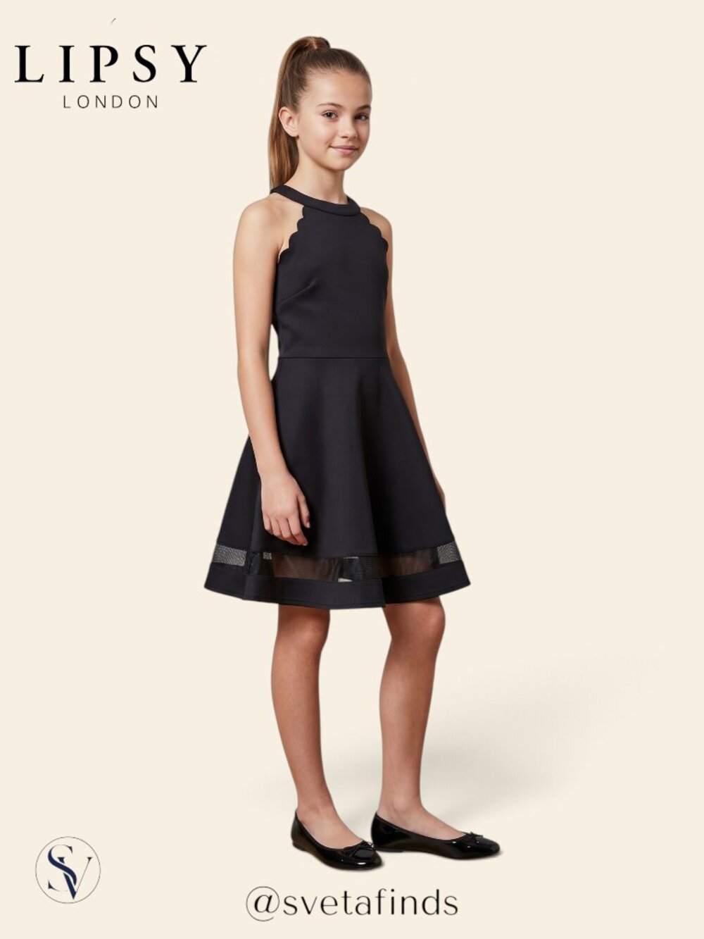 NWT Lipsy Girl Black Scallop Halter Scuba Skater Dress - Age 11-12